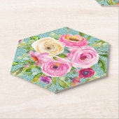 水彩バラインピンク&クリームアクアグリッター ペーパーコースター (アングル)
