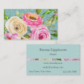 水彩バラインピンク&クリームアクアグリッター 名刺 (正面/裏面)