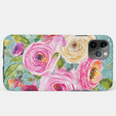 水彩バラインピンク&クリームアクアグリッター Case-Mate iPhoneケース (裏面(横))