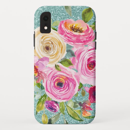 水彩バラインピンク&クリームアクアグリッター Case-Mate iPhoneケース (裏面)