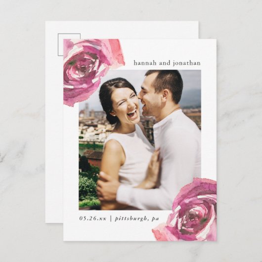 水彩バラウェディング日付写真を保存 案内ポストカード (正面/裏面)