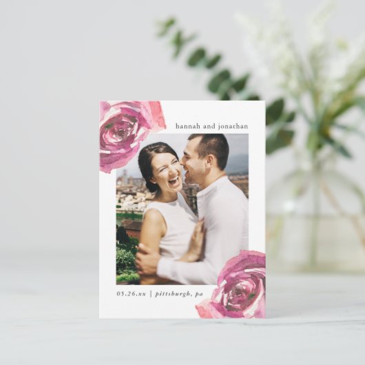 水彩バラウェディング日付写真を保存 案内ポストカード (スタンド正面)