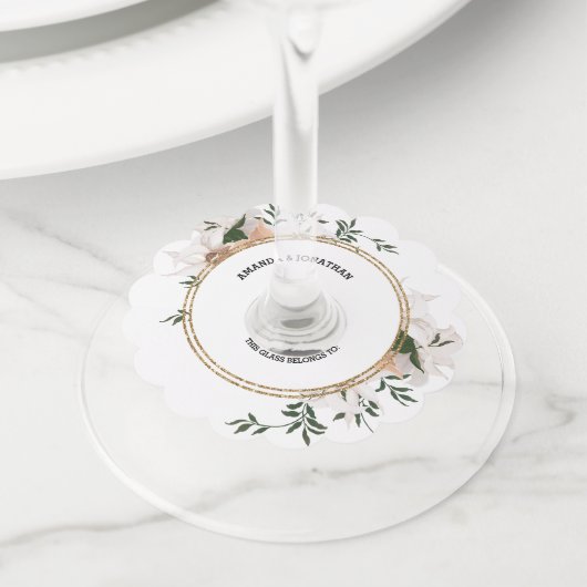 水彩バラエレガンス結婚ズワイングラスラベル ワイングラスタグ (クローズアップ)