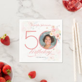 水彩バラエレガントフォトピンク50誕生日 スタンダードカクテルナプキン (インサイチュ)