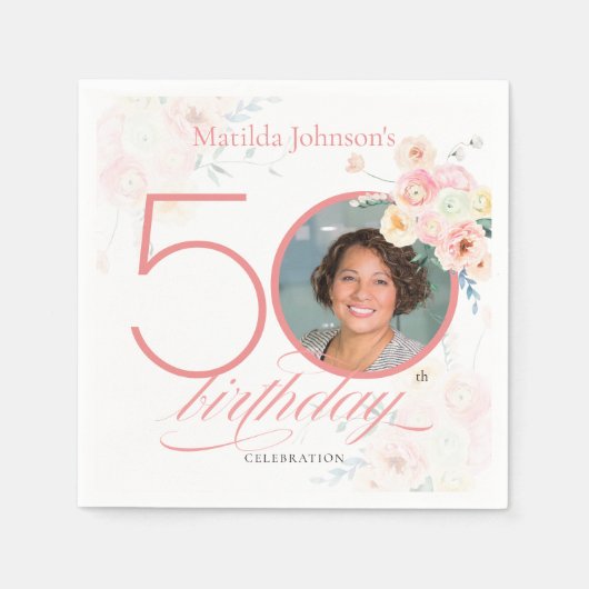 水彩バラエレガントフォトピンク50誕生日 スタンダードカクテルナプキン (正面)