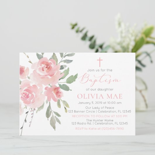 水彩バラガーデンガールバプテスマ招待状 招待状 (スタンド正面)