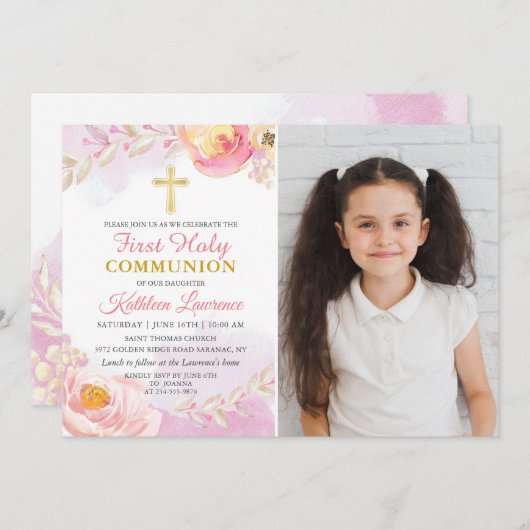 水彩バラガーデン最初の聖体写真 招待状 (正面/裏面)