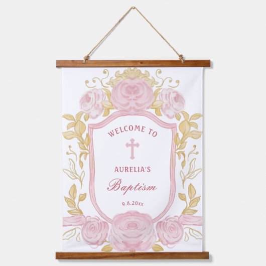 水彩バラクレストバプティスウェルカム 吊り下げ型タペストリー (正面)
