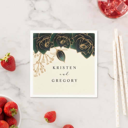 水彩バラグリーンと金ゴールド結婚ズ スタンダードカクテルナプキン (インサイチュ)