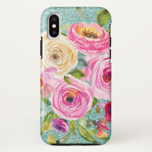 水彩バラズインピンク&クリームアクアグリッター iPhone XSケース
