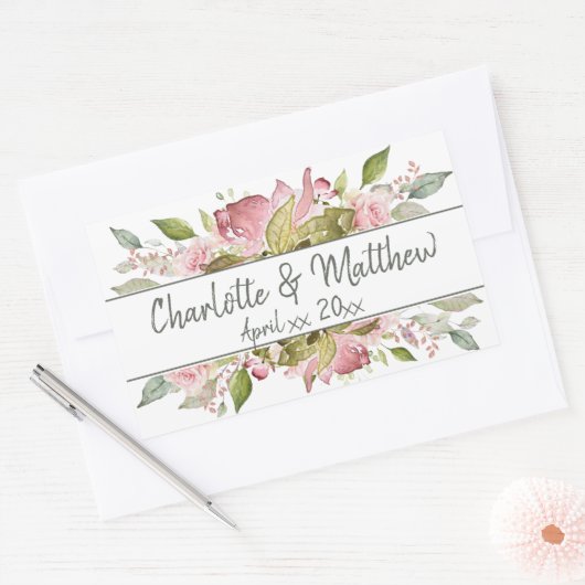 水彩バラソフトピンク結婚ズ 長方形シール (封筒)