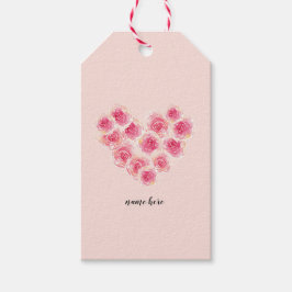 水彩バラハート形ピンク桃フローラ ギフトタグ