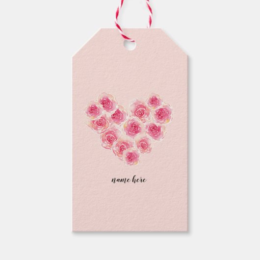 水彩バラハート形ピンク桃フローラ ギフトタグ (正面)