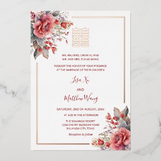 水彩バラバラ中国の金ゴールド結婚 箔招待状 (正面)