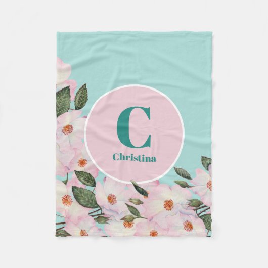 水彩バラバレリーナフローラモノグラムサークル フリースブランケット (正面)