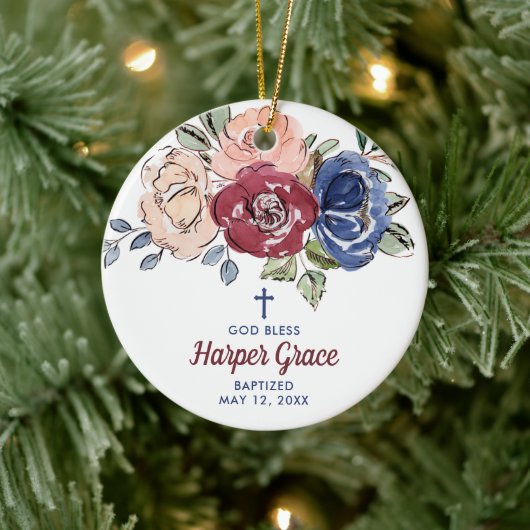 水彩バラパーソナライズされたガールズバプテスマ セラミックオーナメント (ツリー)