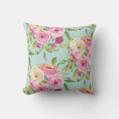 水彩バラピンクとクリームオンアクア アウトドアクッション (正面)