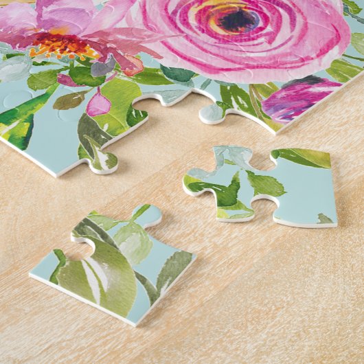 水彩バラピンクとクリームオンアクア ジグソーパズル (側面)