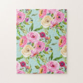 水彩バラピンクとクリームオンアクア ジグソーパズル (縦)