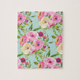 水彩バラピンクとクリームオンアクア ジグソーパズル