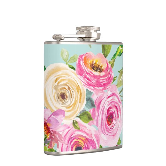 水彩バラピンクとクリームオンアクア フラスク (右)