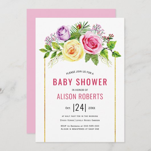 水彩バラピンクのフローラ女の子の赤ちゃんシャワー 招待状 (正面/裏面)