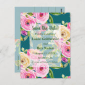 水彩バラピンクオンティール（緑がかった色）日付を保存 ポストカード (正面/裏面)