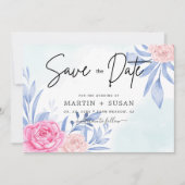 水彩バラピンククラウディブルー葉結婚ズ セーブザデート (正面)