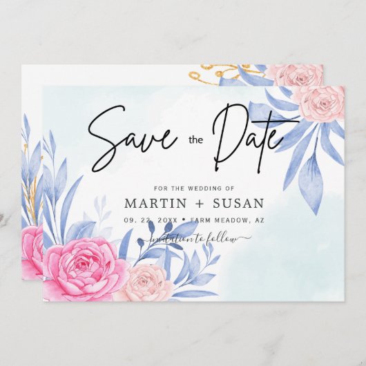 水彩バラピンククラウディブルー葉結婚ズ セーブザデート (正面/裏面)