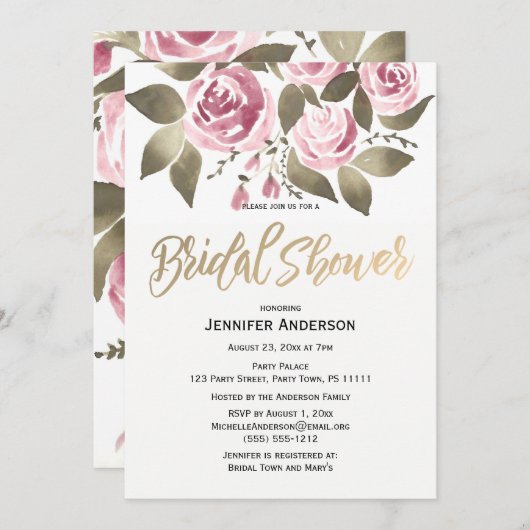 水彩バラピンクグリーンブライダルシャワー 招待状 (正面/裏面)