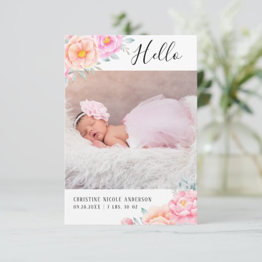 水彩バラピンクフローラベビーガール写真 案内状 (スタンド正面)