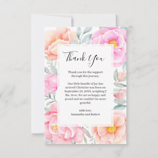 水彩バラピンクフローラベビーガール写真 案内状 (裏面)