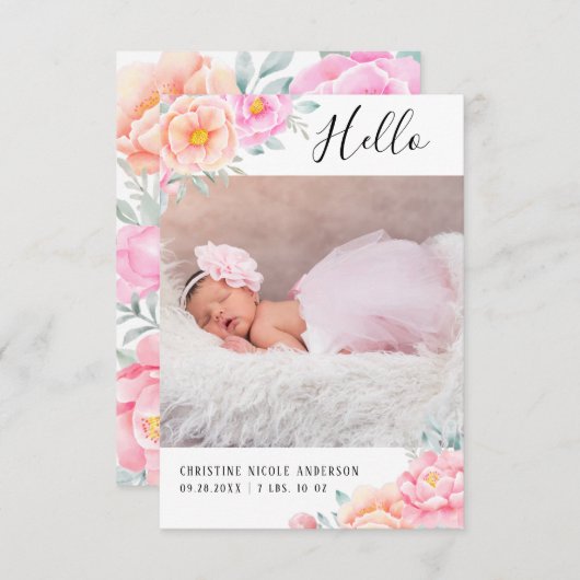 水彩バラピンクフローラベビーガール写真 案内状 (正面/裏面)