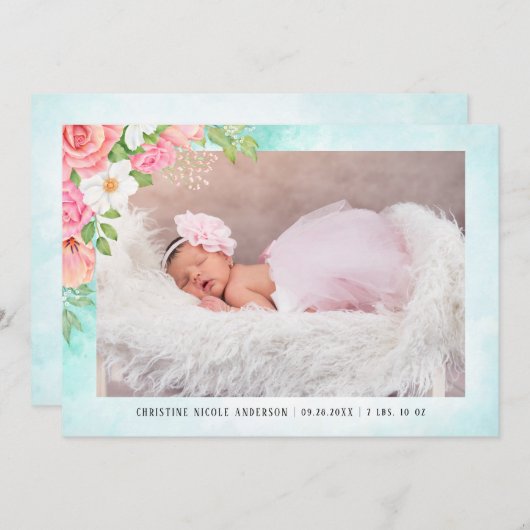 水彩バラピンクフローラベビーガール写真 案内状 (正面/裏面)