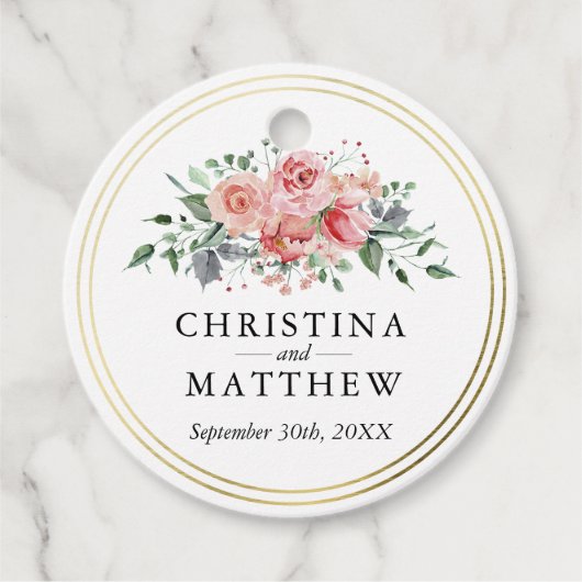 水彩バラピンクフローラ結婚ズサンキュー フェイバータグ (正面)