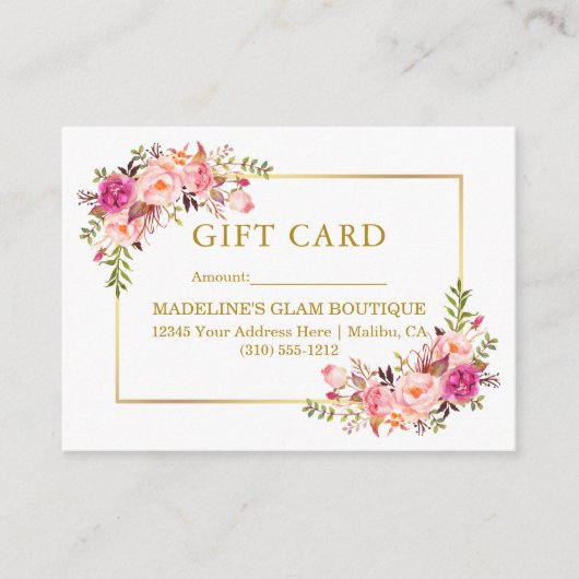 水彩バラピンクフローラ金ゴールドギフトカード エンクロージャーカード (正面)