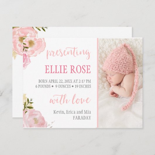 水彩バラピンク写真誕生のお知らせ 案内ポストカード (正面/裏面)