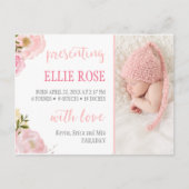 水彩バラピンク写真誕生のお知らせ 案内ポストカード (正面)