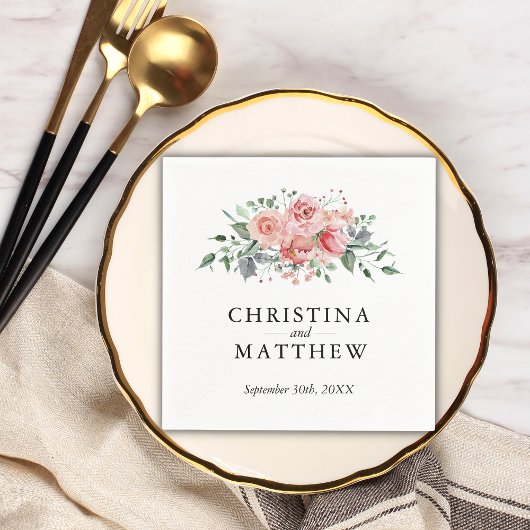 水彩バラピンク結婚フローラ スタンダードカクテルナプキン