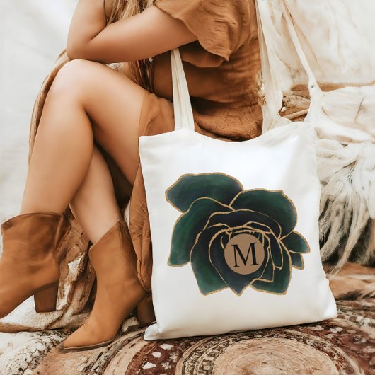 水彩バラフェイク金ゴールド及びグリーンモノグラム トートバッグ