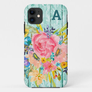 水彩バラフローラスプレー付イニシャル iPhone 11 ケース