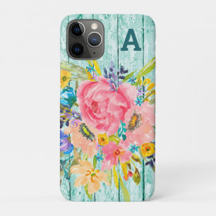 水彩バラフローラスプレー付イニシャル iPhone 11 PROケース