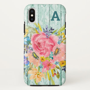 水彩バラフローラスプレー付イニシャル iPhone XSケース