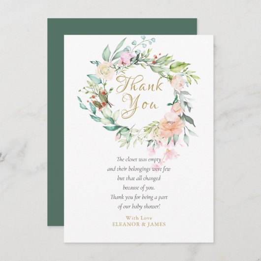 水彩バラフローラベビーシャワーありがとう サンキューカード (正面/裏面)