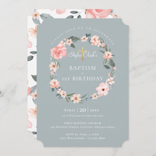 水彩バラフローラリースバプテスマ1st誕生日 招待状 (正面/裏面)