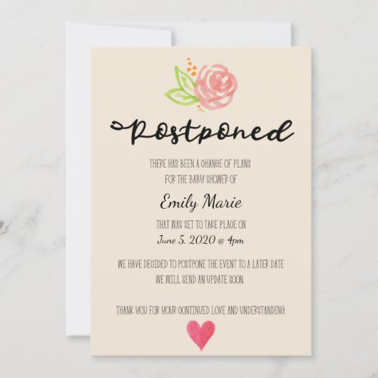 水彩バラプランの変更ベビーシャワーカード 招待状 (正面)