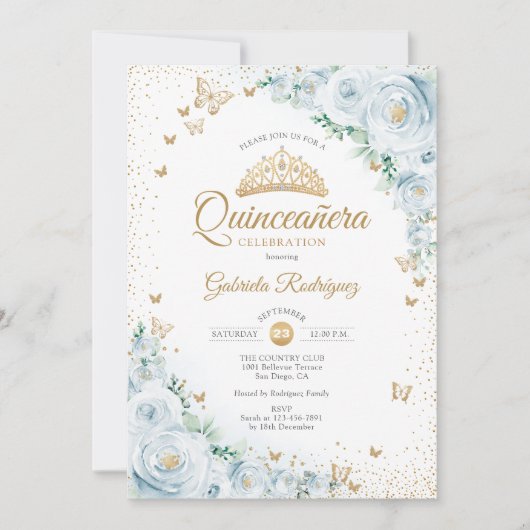 水彩バラベビーブルーフローラキンセアニェラ 招待状 (正面)