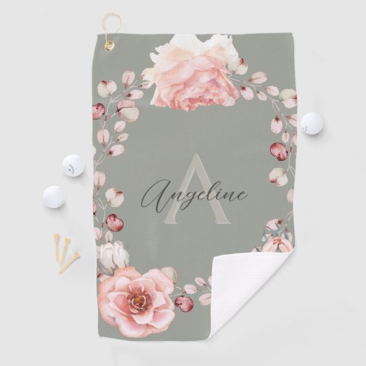 水彩バラリース パーソナライズされた | セージグリーン ゴルフタオル (インサイチュ)