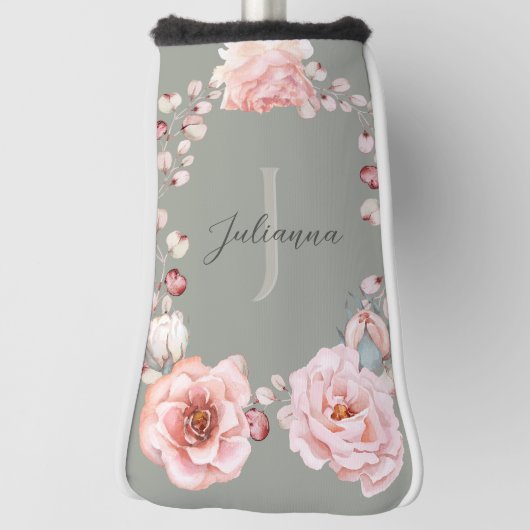 水彩バラリース パーソナライズされた | セージグリーン ゴルフヘッドカバー (回転90)