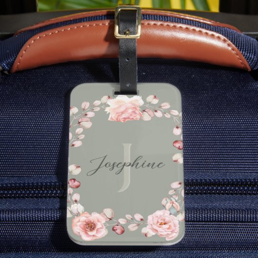 水彩バラリース パーソナライズされた | セージグリーン ラゲッジタグ (正面インサイチュ2)